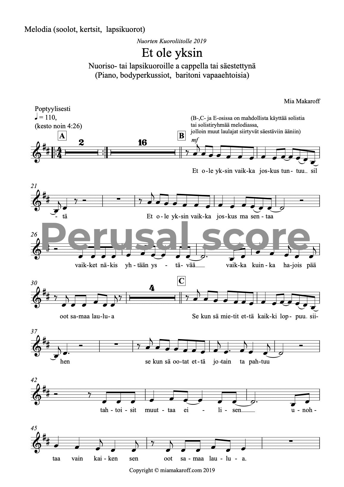 Et ole yksin SATB / S